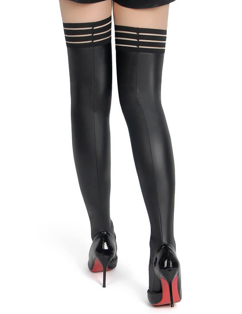 NURO Leather-Look Striped Thigh-High Stockings
