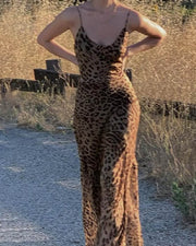 NURO Leopard Print Backless Maxi Dress Women's Sexy Surplice Neck Evening Gown