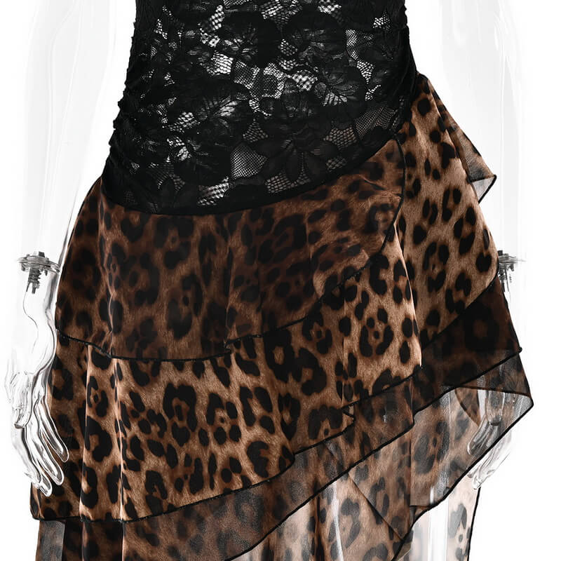 NURO Leopard Print Chiffon Maxi Dress Women's Sexy Backless Lace Trim Evening Gown