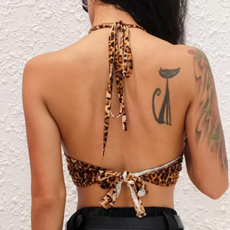 NURO Leopard Print Halter Crop Top Backless High Stretch Camisole