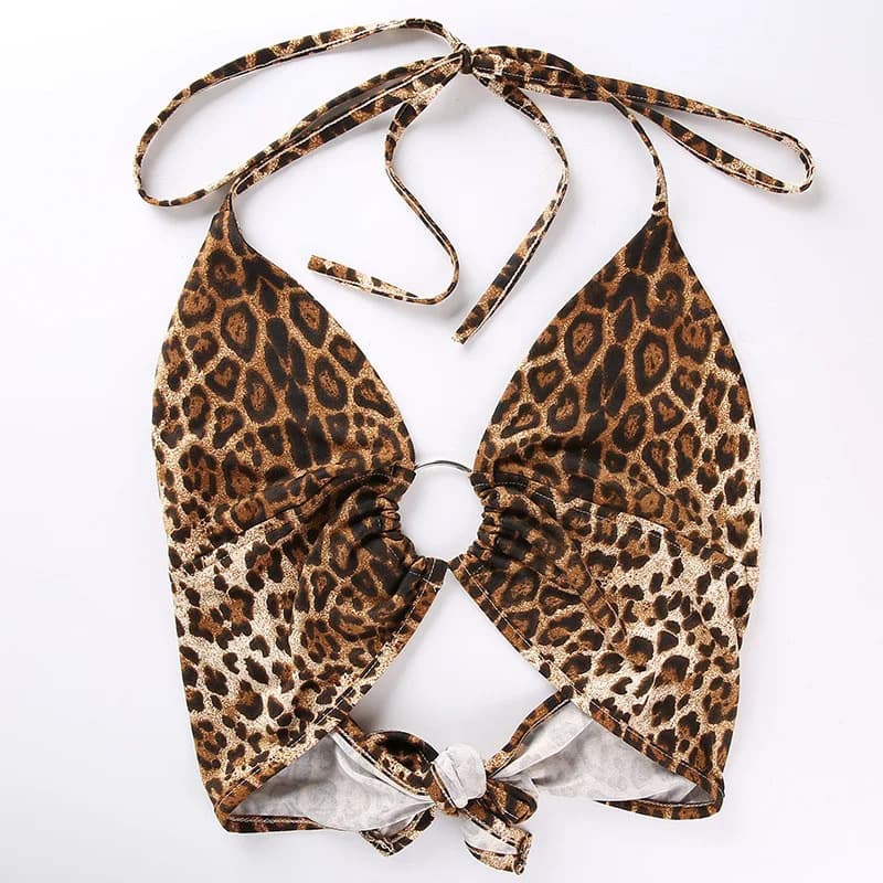 NURO Leopard Print Halter Crop Top Backless High Stretch Camisole