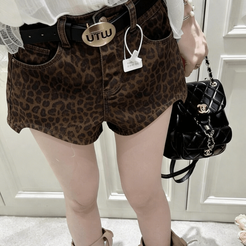 NURO Leopard Print High-Waist Denim Shorts