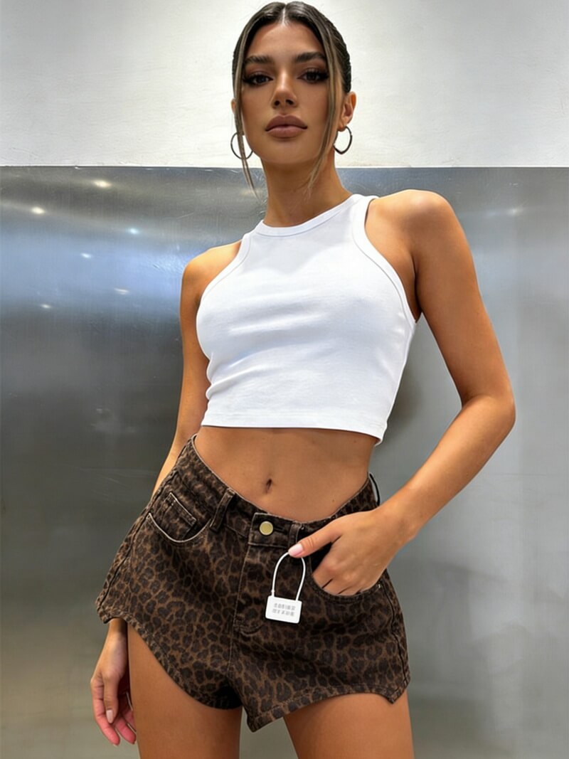 NURO Leopard Print High-Waist Denim Shorts