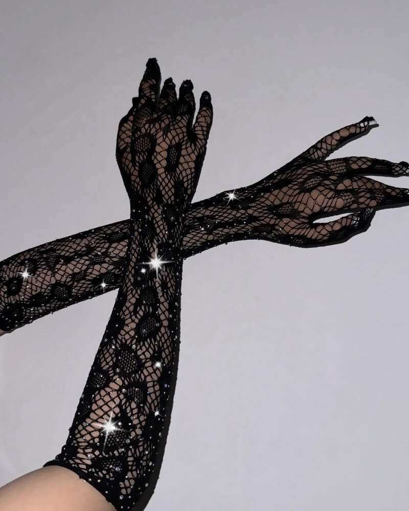 NURO Leopard Print Mesh Gloves with Rhinestone Accents, Stretchy Nylon Fishnet Gloves for Women