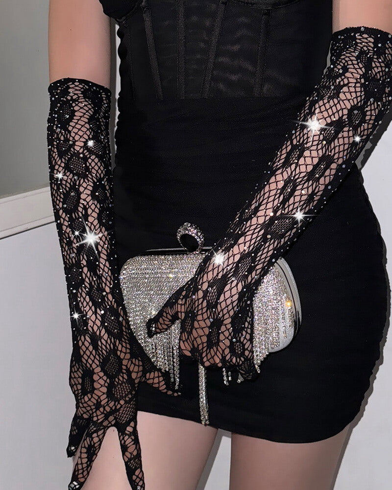 NURO Leopard Print Mesh Gloves with Rhinestone Accents, Stretchy Nylon Fishnet Gloves for Women