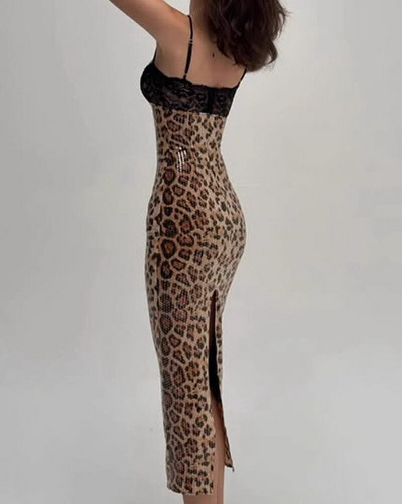 NURO Leopard Print Sequin Slit Long Dress for Women