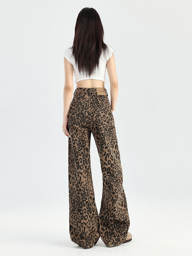 NURO Leopard Print Wide-Leg Denim Jeans