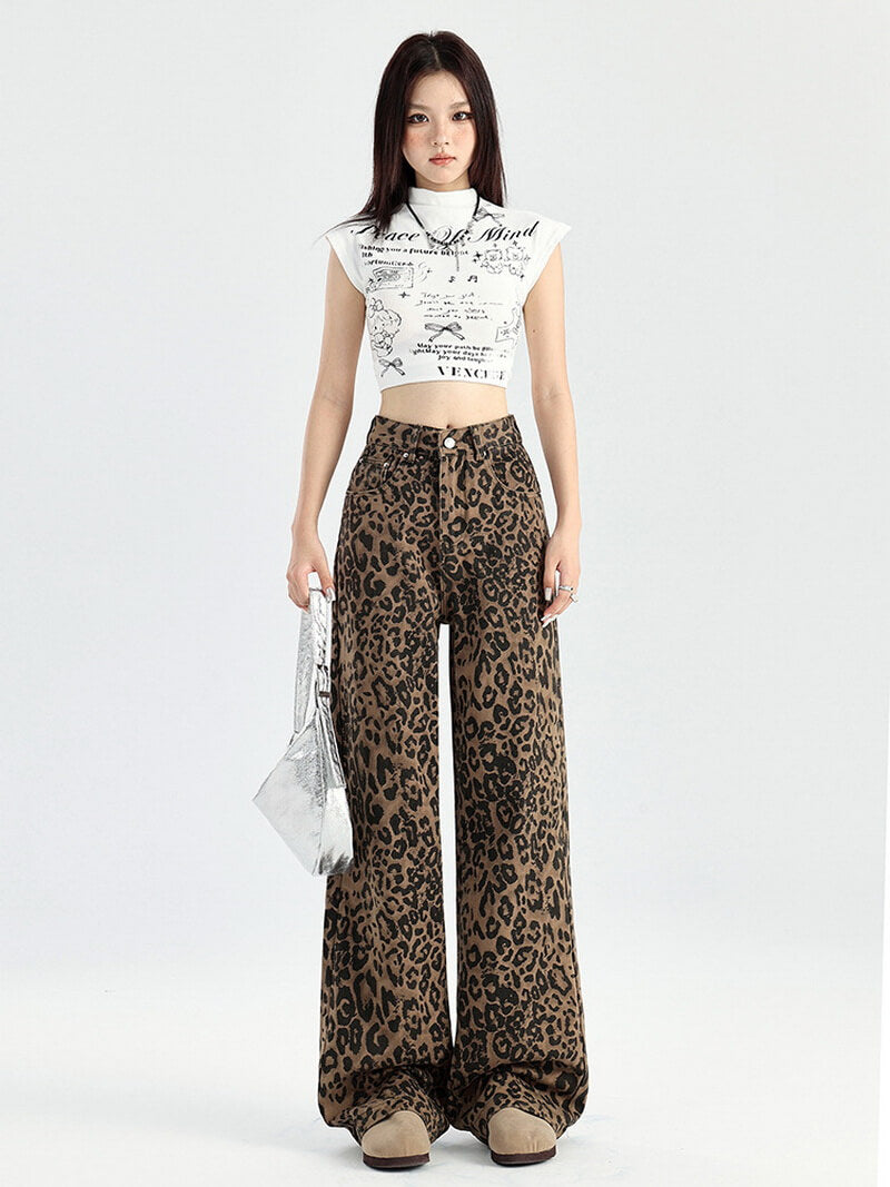 NURO Leopard Print Wide-Leg Denim Jeans