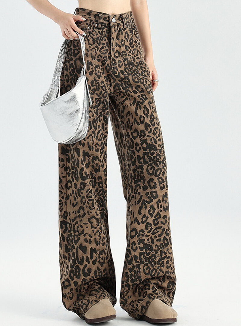 NURO Leopard Print Wide-Leg Denim Jeans