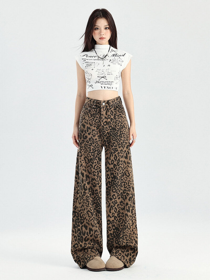 NURO Leopard Print Wide-Leg Denim Jeans