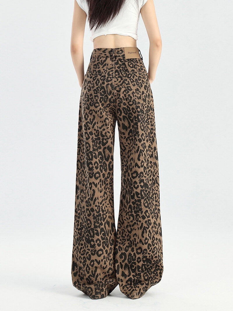 NURO Leopard Print Wide-Leg Denim Jeans