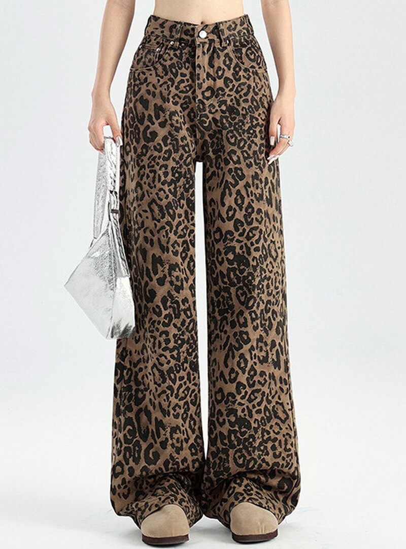 NURO Leopard Print Wide-Leg Denim Jeans