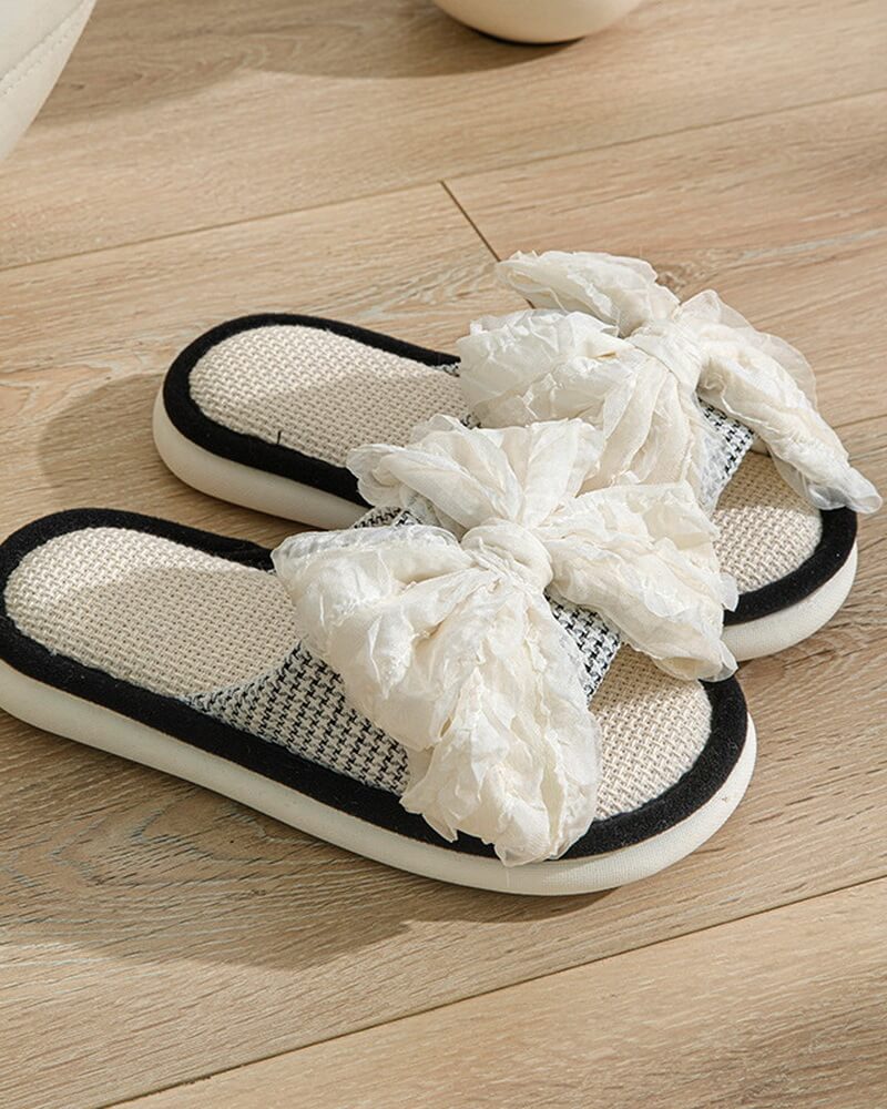 NURO Linen Slide Sandals with Bow Detail for Women