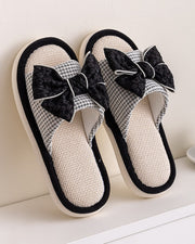 NURO Linen Slide Sandals with Cherry Blossom Bow for Women