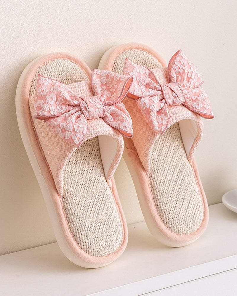 NURO Linen Slide Sandals with Cherry Blossom Bow for Women