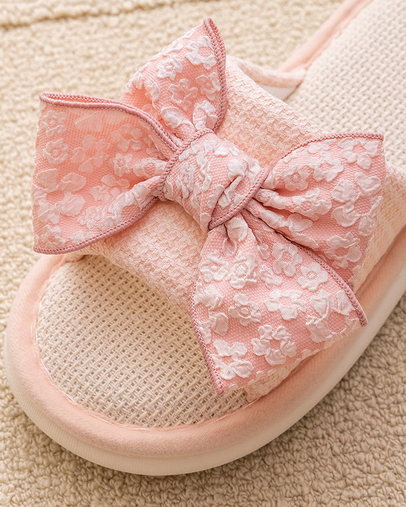 NURO Linen Slide Sandals with Cherry Blossom Bow for Women