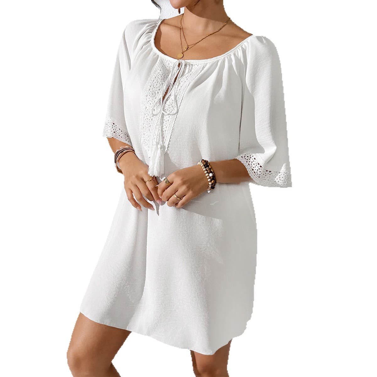 NURO Long-sleeved fringed strappy resort patchwork blouse dress
