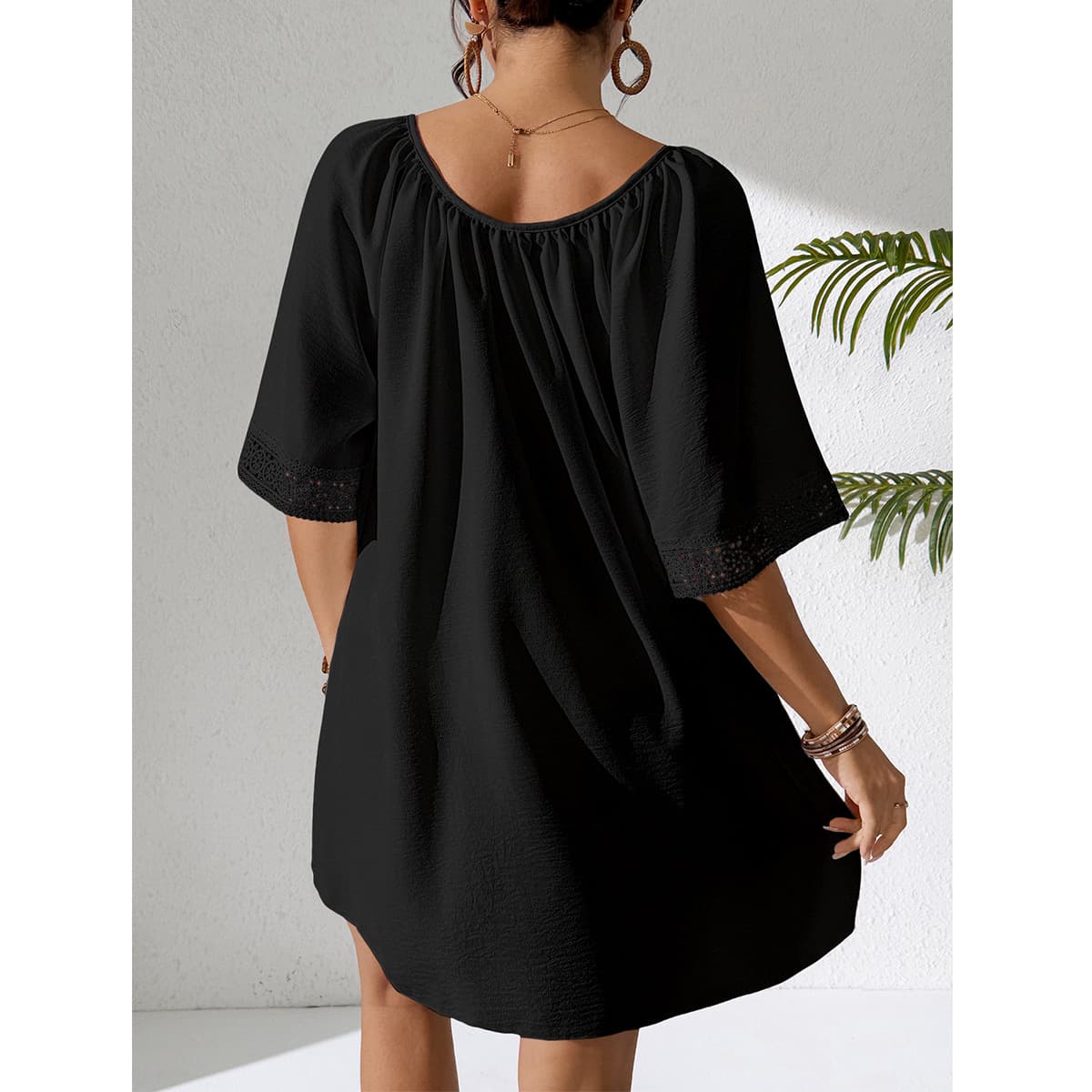 NURO Long-sleeved fringed strappy resort patchwork blouse dress