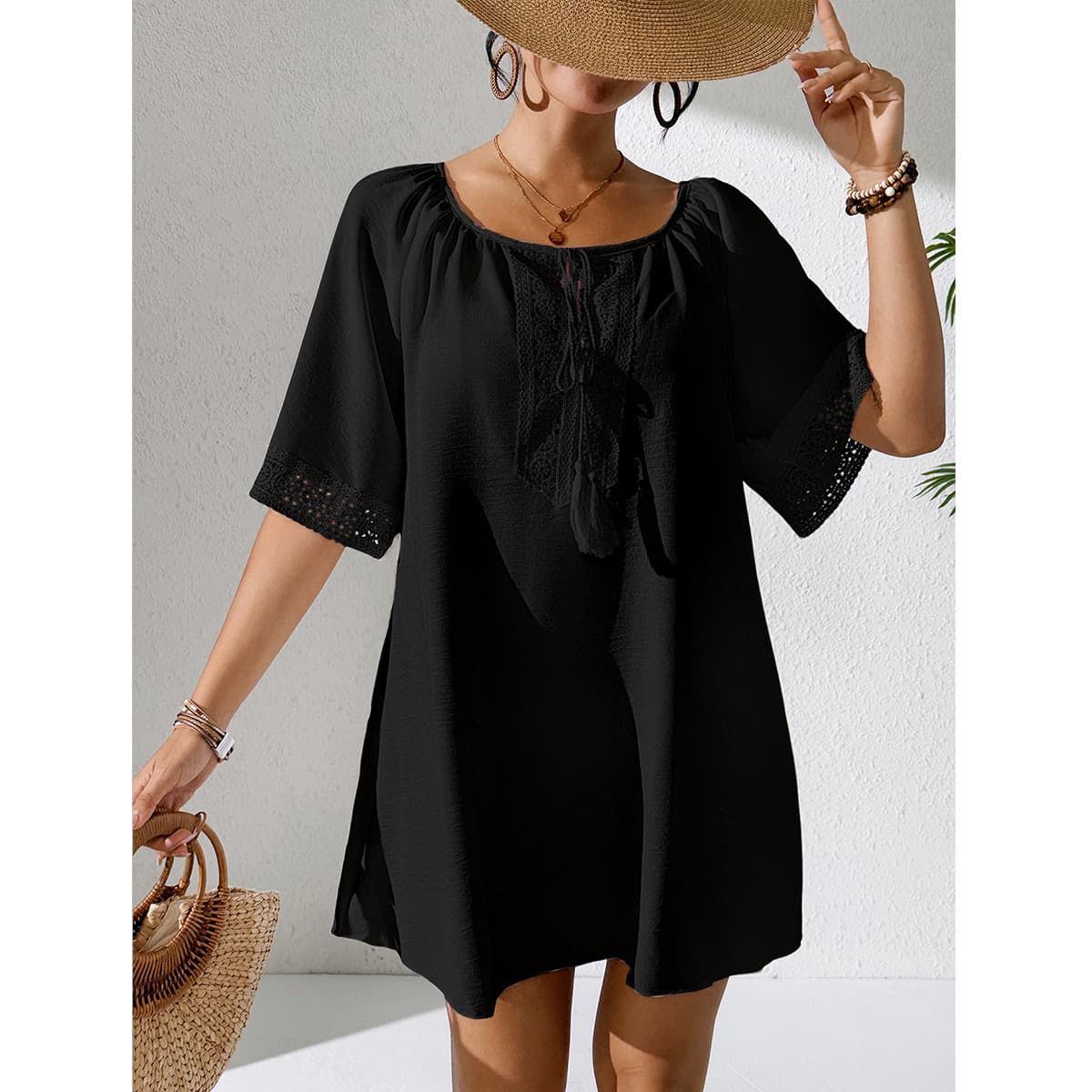 NURO Long-sleeved fringed strappy resort patchwork blouse dress