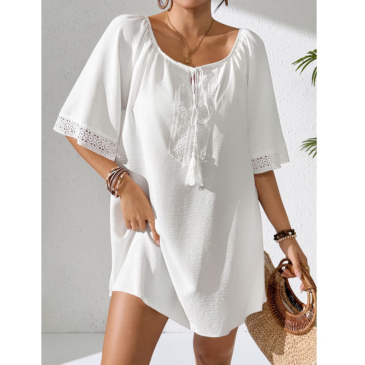 NURO Long-sleeved fringed strappy resort patchwork blouse dress