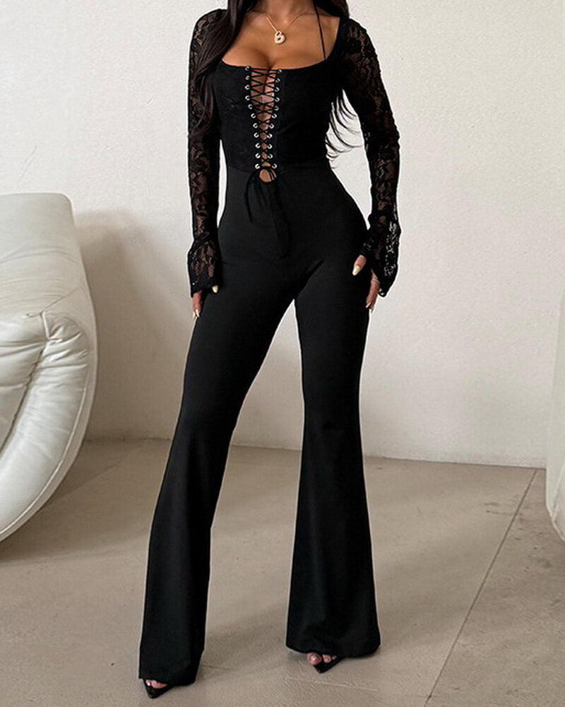 NURO Long Sleeve Lace-Up Detail Slim Fit Jumpsuit