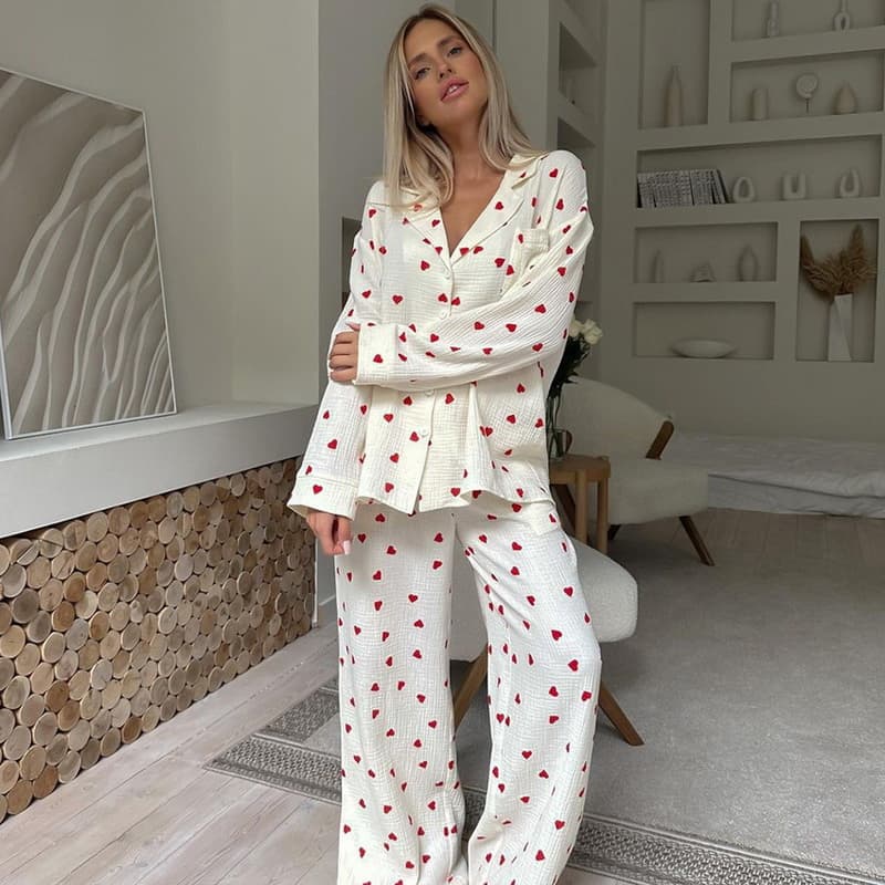 NURO Long Sleeve Pajama Set Button Down Top and Pants Sleepwear