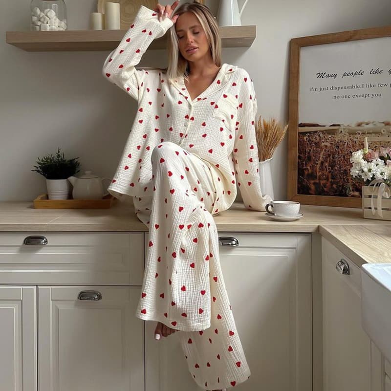 NURO Long Sleeve Pajama Set Button Down Top and Pants Sleepwear