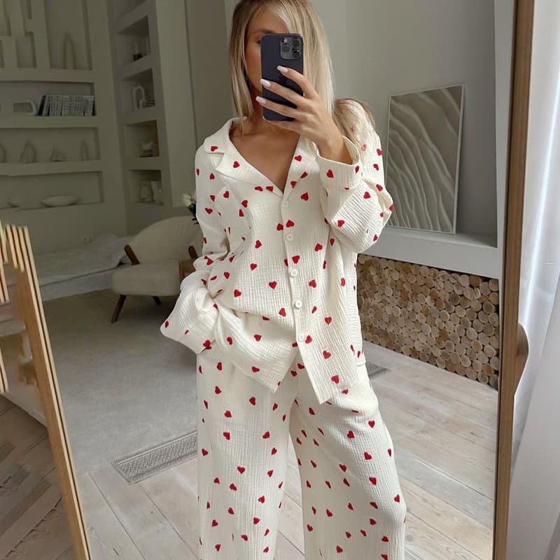 NURO Long Sleeve Pajama Set Button Down Top and Pants Sleepwear