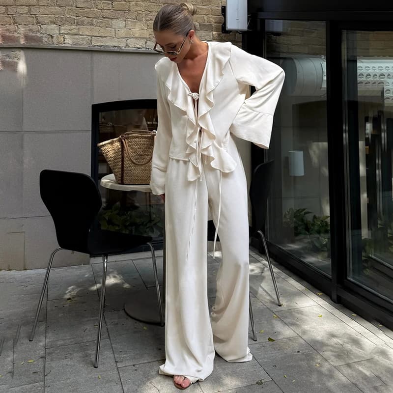 NURO Long Sleeve Pajama Set V-Neck Top and Pants Sleepwear