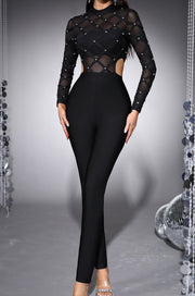 NURO Long Sleeve Sheer Jumpsuit with Beaded Detail and Bandage Design