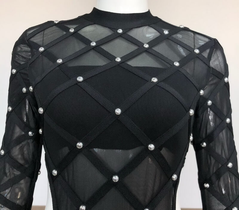 NURO Long Sleeve Sheer Jumpsuit with Beaded Detail and Bandage Design