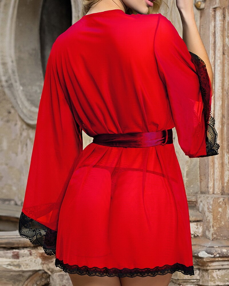 NURO Long Sleeve Sheer Mesh Nightgown with Belt