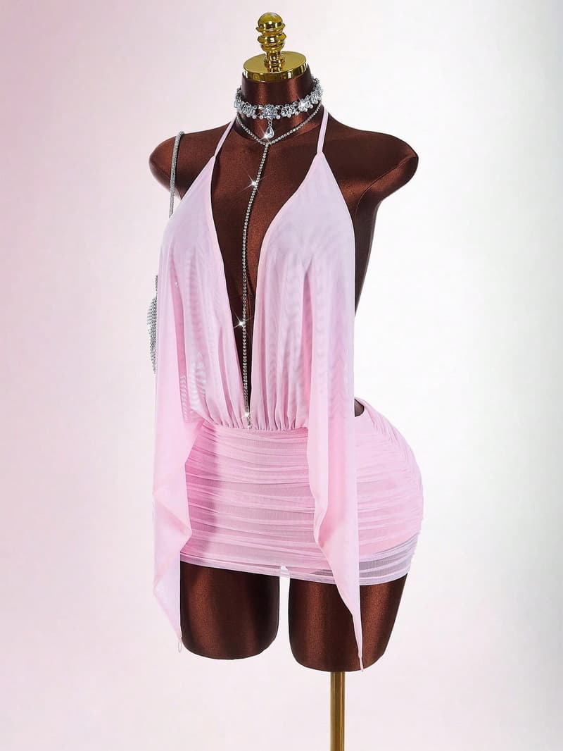 NURO Mesh Insert Bodycon Mini Dress V-Neck Tie Front Party Dress