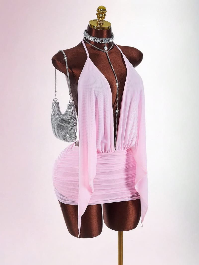 NURO Mesh Insert Bodycon Mini Dress V-Neck Tie Front Party Dress