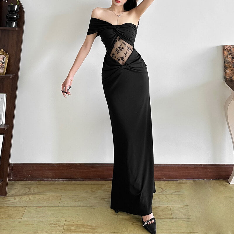 NURO Mesh Slit Off-Shoulder Long Dress