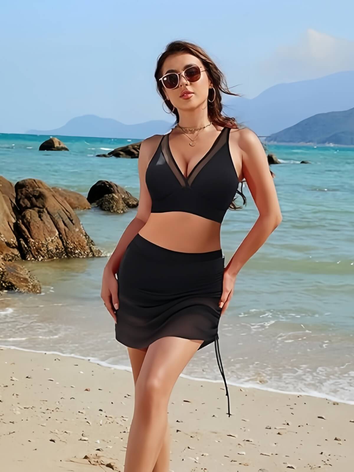 NURO Mesh patchwork drawstring solid color split swimsuit