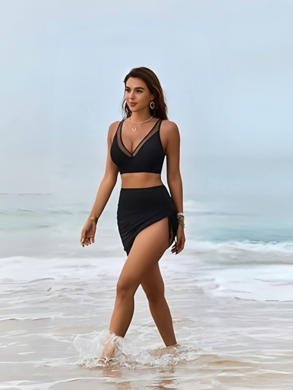 NURO Mesh patchwork drawstring solid color split swimsuit