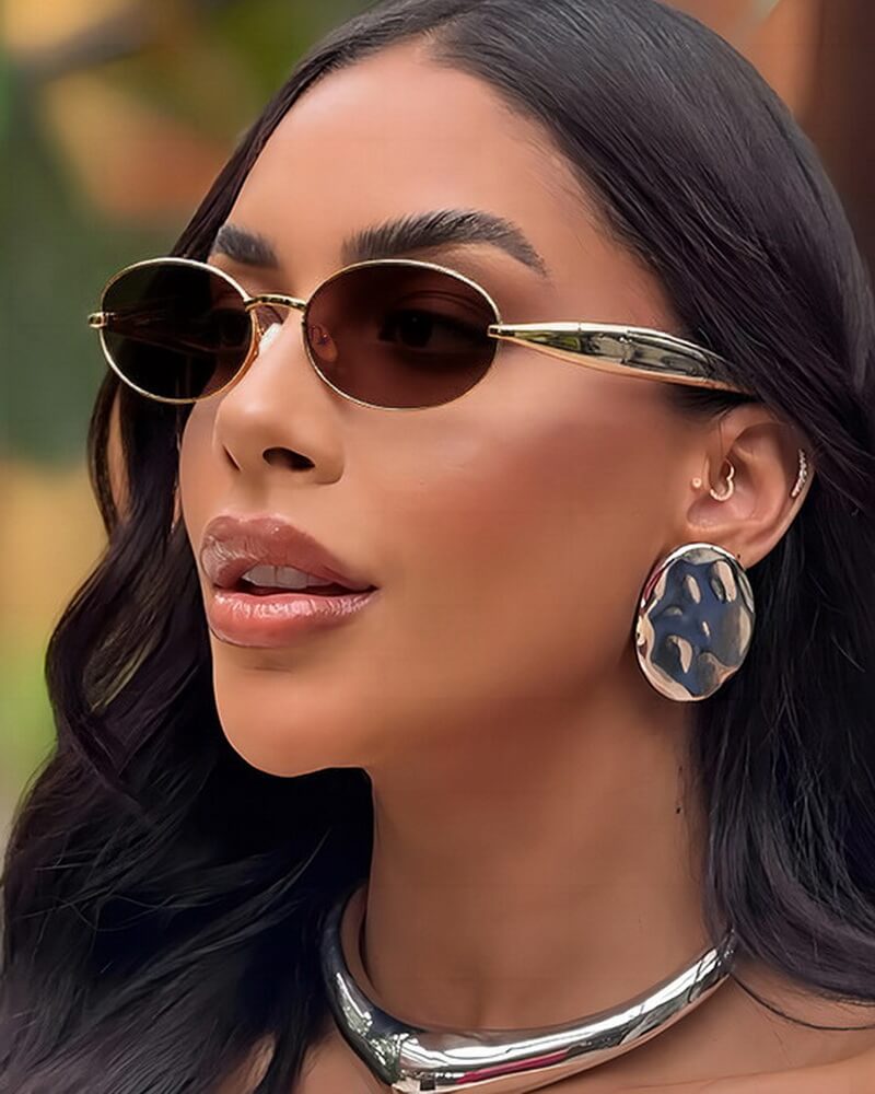 NURO Metal Ellipse Sunglasses Fishbone Temple Design UV400 Shades