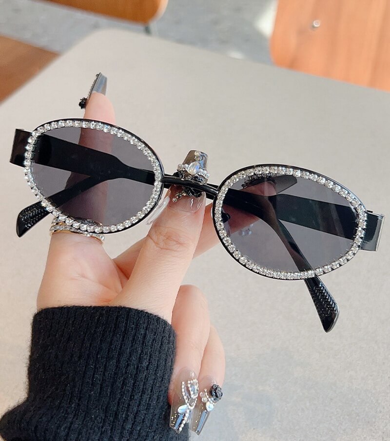 NURO Metal Frame Ellipse Sunglasses Rhinestone Embellished UV400 Shades
