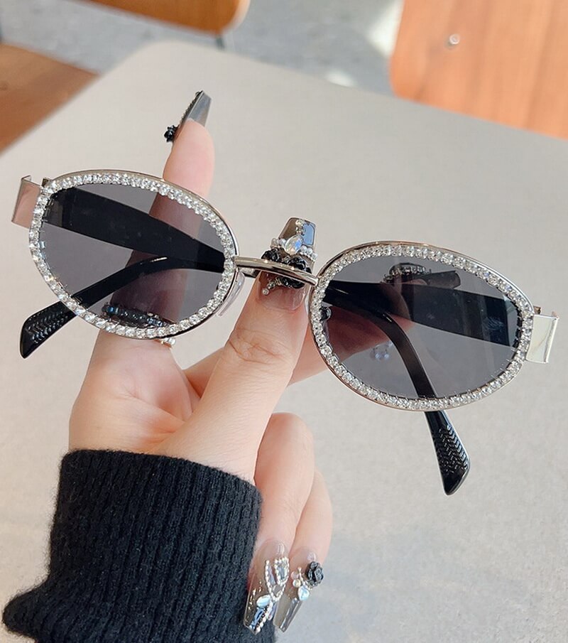 NURO Metal Frame Ellipse Sunglasses Rhinestone Embellished UV400 Shades