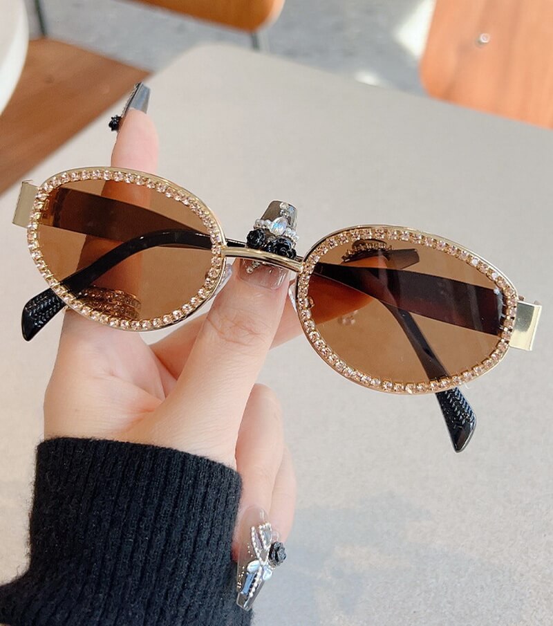 NURO Metal Frame Ellipse Sunglasses Rhinestone Embellished UV400 Shades