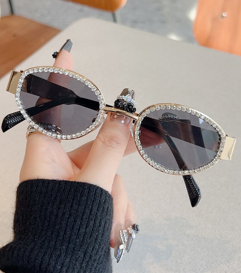 NURO Metal Frame Ellipse Sunglasses Rhinestone Embellished UV400 Shades