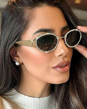 NURO Metal Frame Ellipse Sunglasses Rhinestone Embellished UV400 Shades