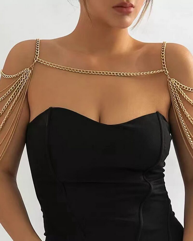 NURO Metal Fringe Shoulder Chain Layered Body Jewelry Statement Necklace
