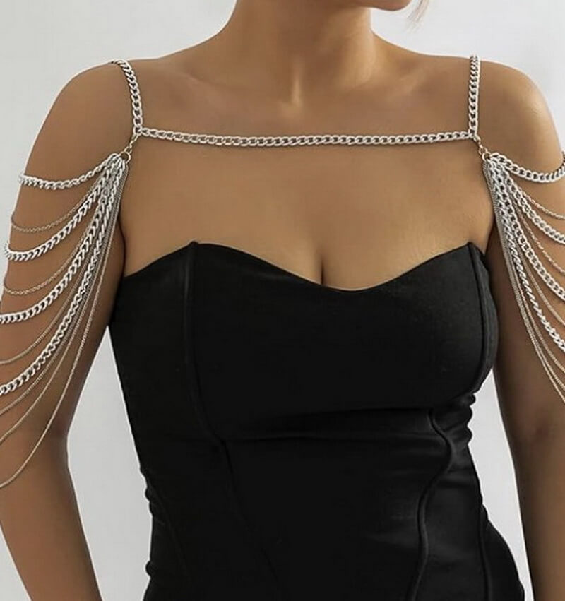 NURO Metal Fringe Shoulder Chain Layered Body Jewelry Statement Necklace