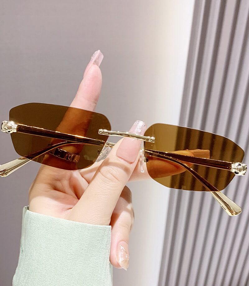 NURO Metal Rimless Polygon Sunglasses Leopard Print UV400 Shades