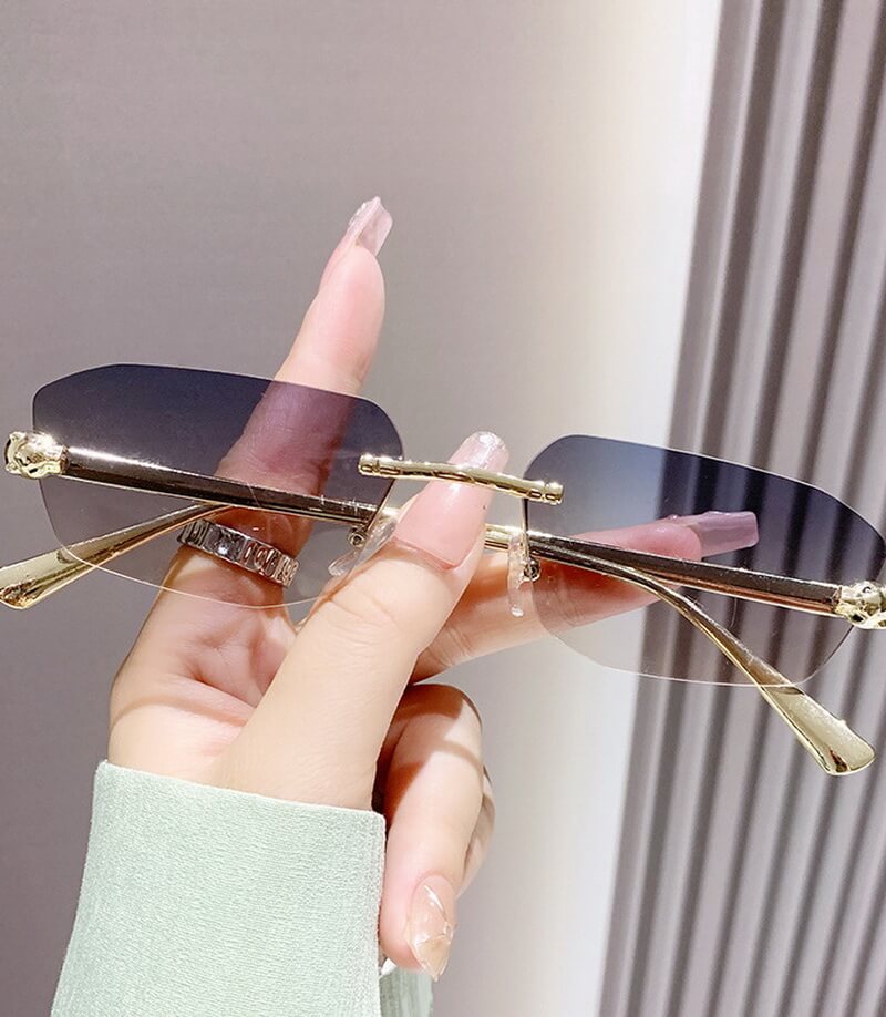 NURO Metal Rimless Polygon Sunglasses Leopard Print UV400 Shades