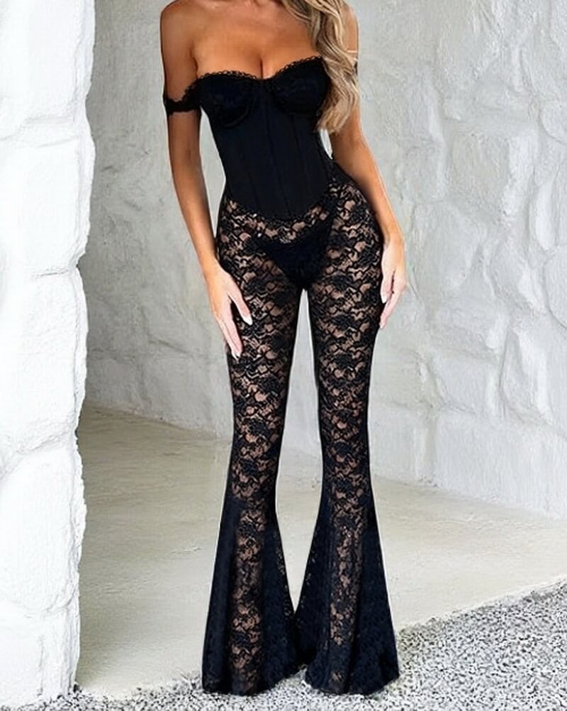 NURO Off-Shoulder Lace-Up Corset Jumpsuit with Sheer Panels