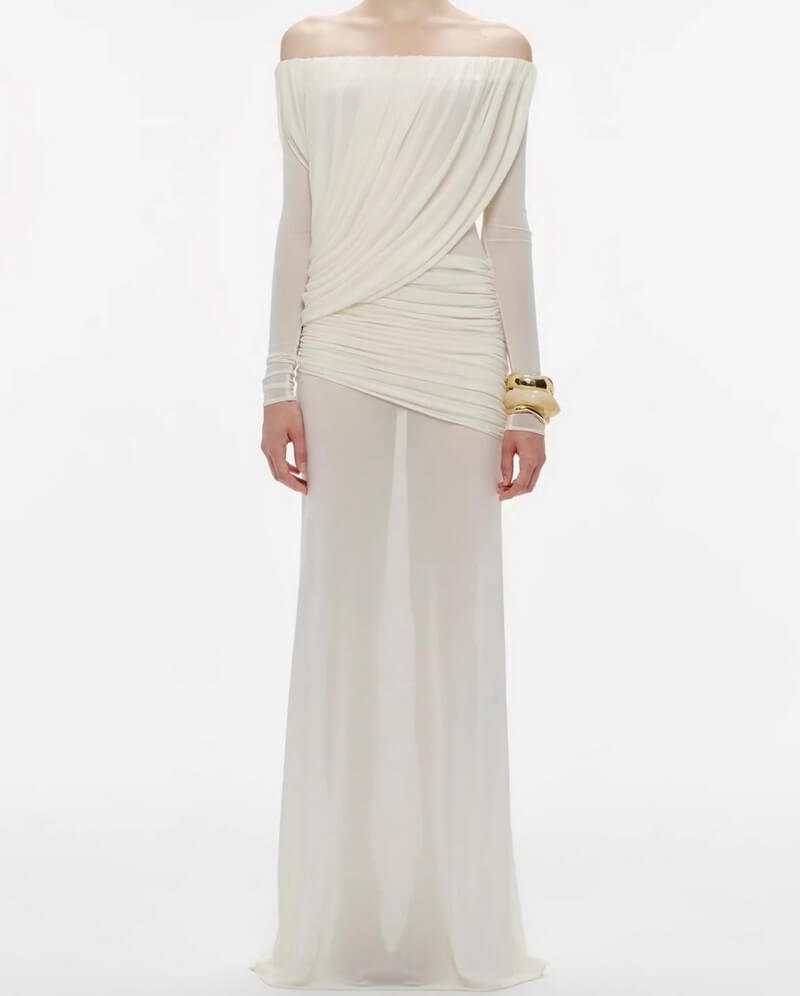 NURO Off-Shoulder Mesh Long Sleeve Bodycon Maxi Dress