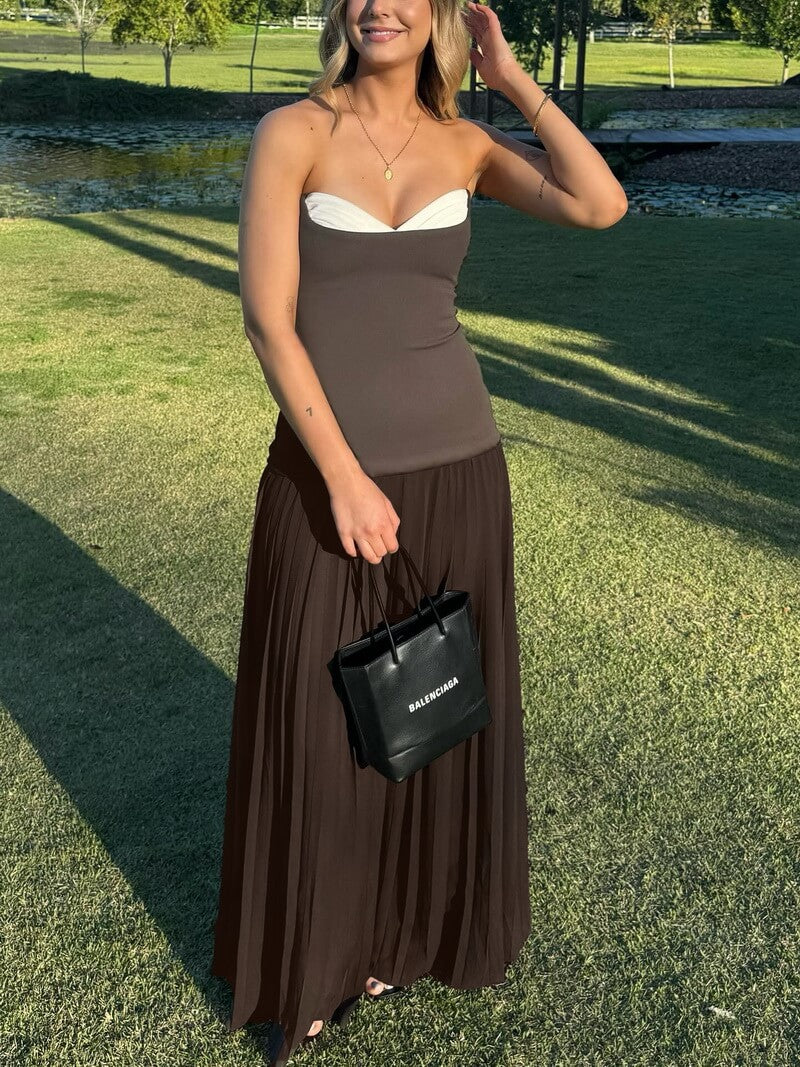 NURO Off-Shoulder Ruffle Hem Pleated Midi Dress